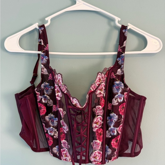 NEW Victoria's Secret Angels Floral Embroidered Unlined Corset Bra Maroon Small - Picture 2 of 3